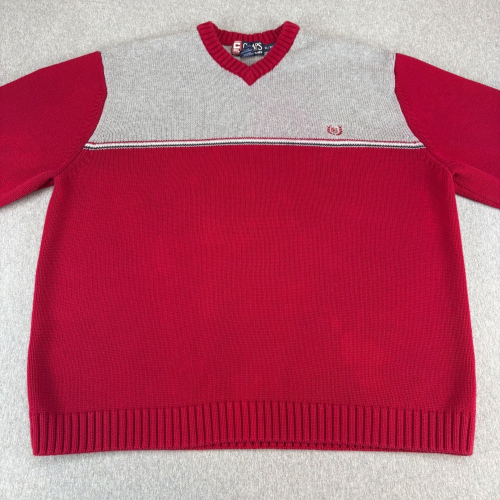 Chaps Ralph Lauren Sweater Mens‎ XL Red Gray V Neck Striped Chunky Knit Logo